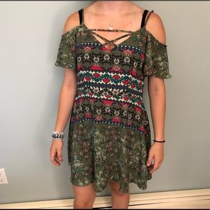 TeezeMe Green Floral Cold Shoulder Dress